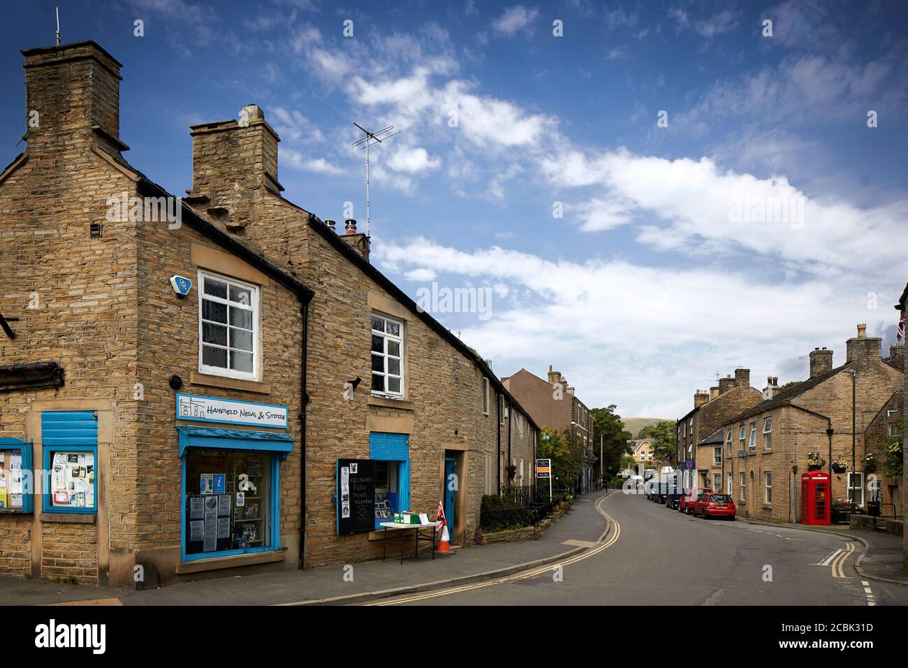 Hayfield village, High Peak, Derbyshire, small shop on Market Street Stock Photo