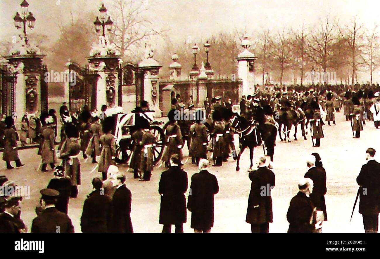 An old photograph showing the funeral of Queen Alexandra (wife of King Edward VII of Britain) who died at Sandringham on Nov 20, 1925 aged 80. Known as Alexandra of Denmark (Alexandra Caroline Marie Charlotte Louise Julia)  1844 – 1925) was Queen consort of the UK and the British Dominions as well as  Empress Consort of India. She was known by her family simply as Alix. Stock Photo
