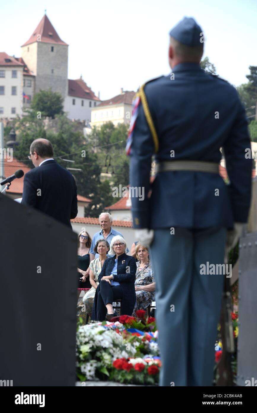 Prague, Czech Republic. 14th Aug, 2020. Commemorative event to pay respect of Czechoslovak RAF (Royal Air Force) pilots was held on occasion of 75th anniversary of their return from Britain to their homeland, on August 14, 2020, at the Winged Lion Memorial in Prague, Czech Republic. On the photo is seen Helen Patton-Plusczyk, center, granddaughter of US genaral George S. Patton. Credit: Michal Kamaryt/CTK Photo/Alamy Live News Stock Photo