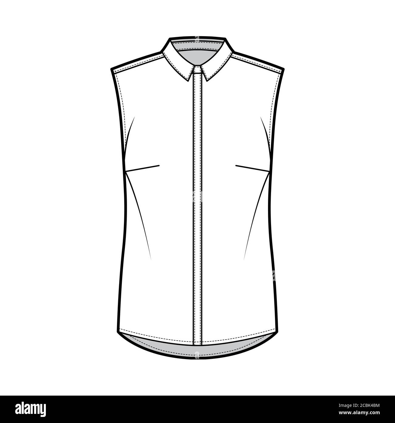 Shirt technical fashion illustration with neat, slim collar, front concealed button fastenings, slightly loose silhouette. Flat apparel template front, white color. Women, men unisex top CAD mockup Stock Vector
