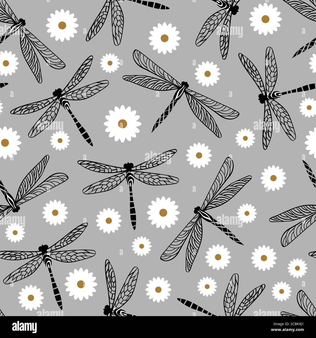 Dragonfly seamless pattern with chamomile on grey background.Vector ...