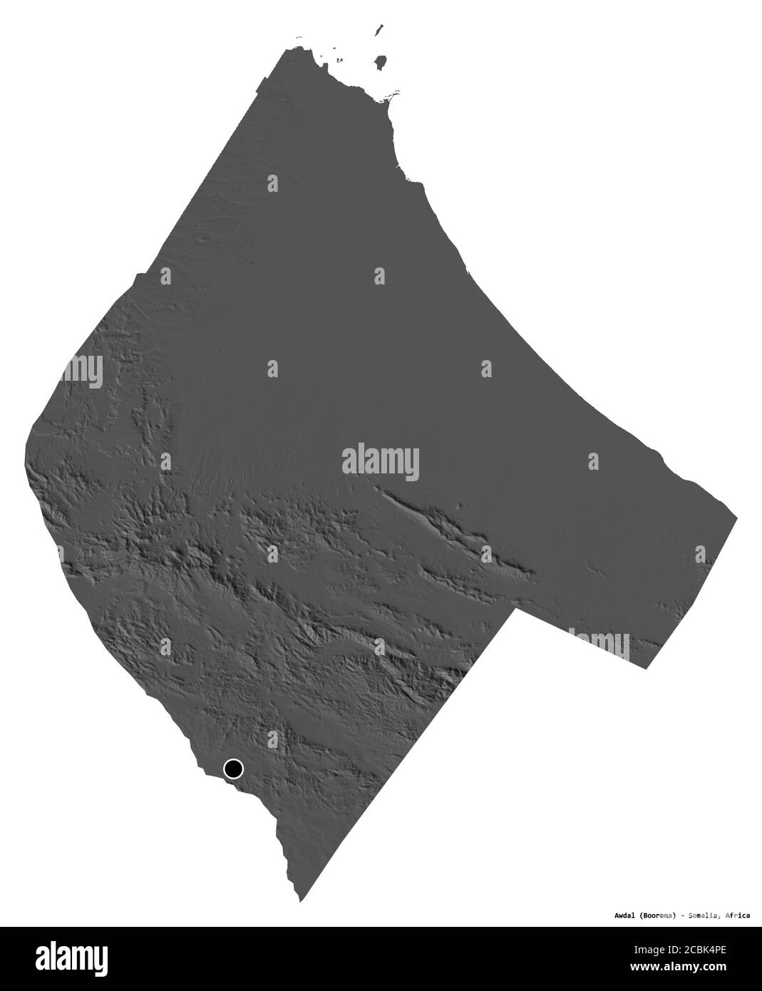 Shape of Awdal, region of Somalia, with its capital isolated on white background. Bilevel elevation map. 3D rendering Stock Photo