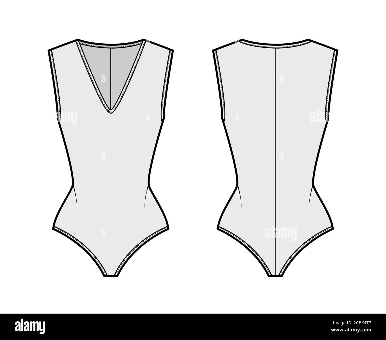 Download Stretch Jersey Bodysuit Technical Fashion Illustration With Plunging V Neckline Back Zip Fastening Flat Outwear One Piece Apparel Template Front Back Grey Color Women Men Unisex Swimsuit Mockup Stock Vector Image Art Alamy