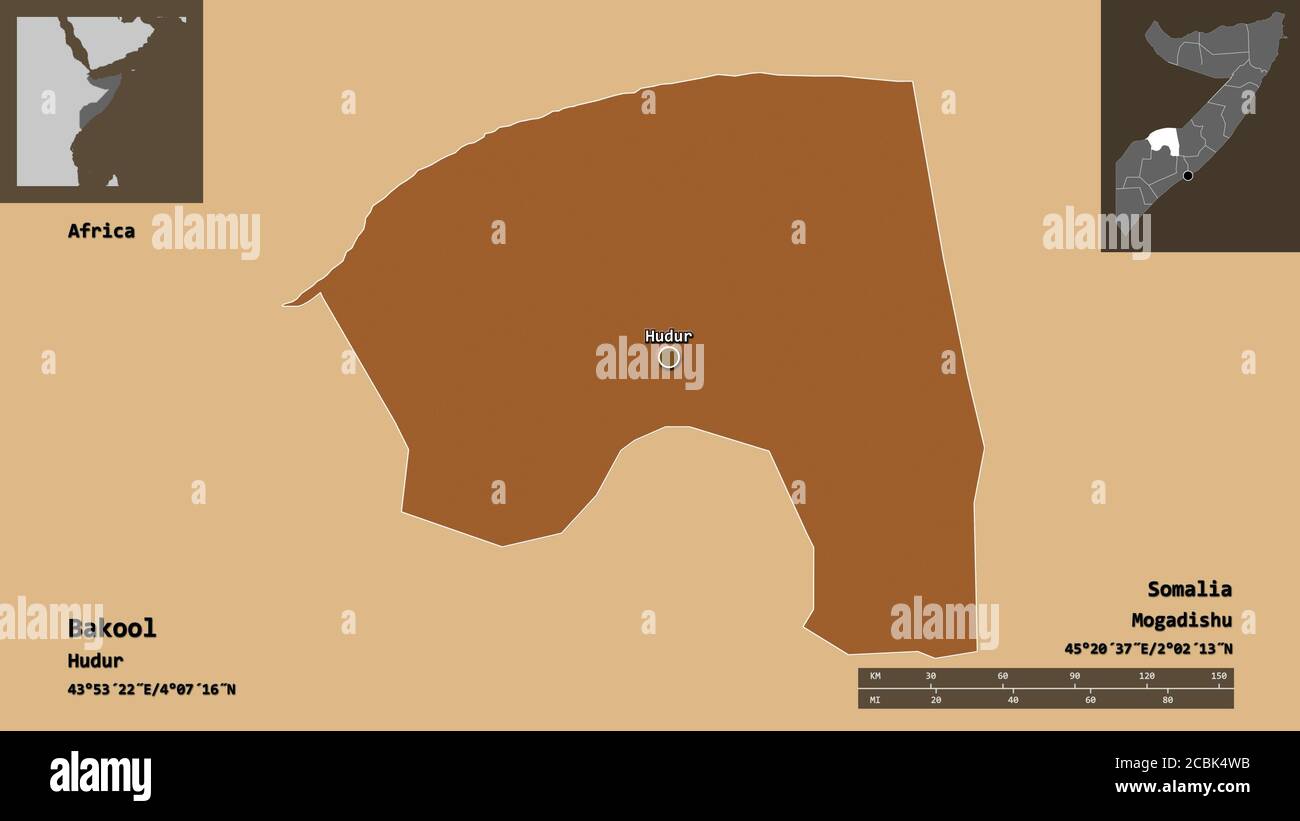 Shape of Bakool, region of Somalia, and its capital. Distance scale ...
