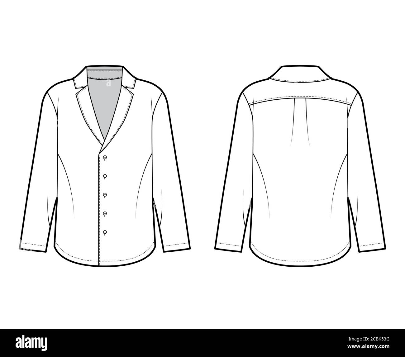 Pajama-style shirt technical fashion illustration with loose silhouette, pointed notch collar, front button fastenings, long sleeves. Flat apparel template front back white color. Women men unisex top Stock Vector