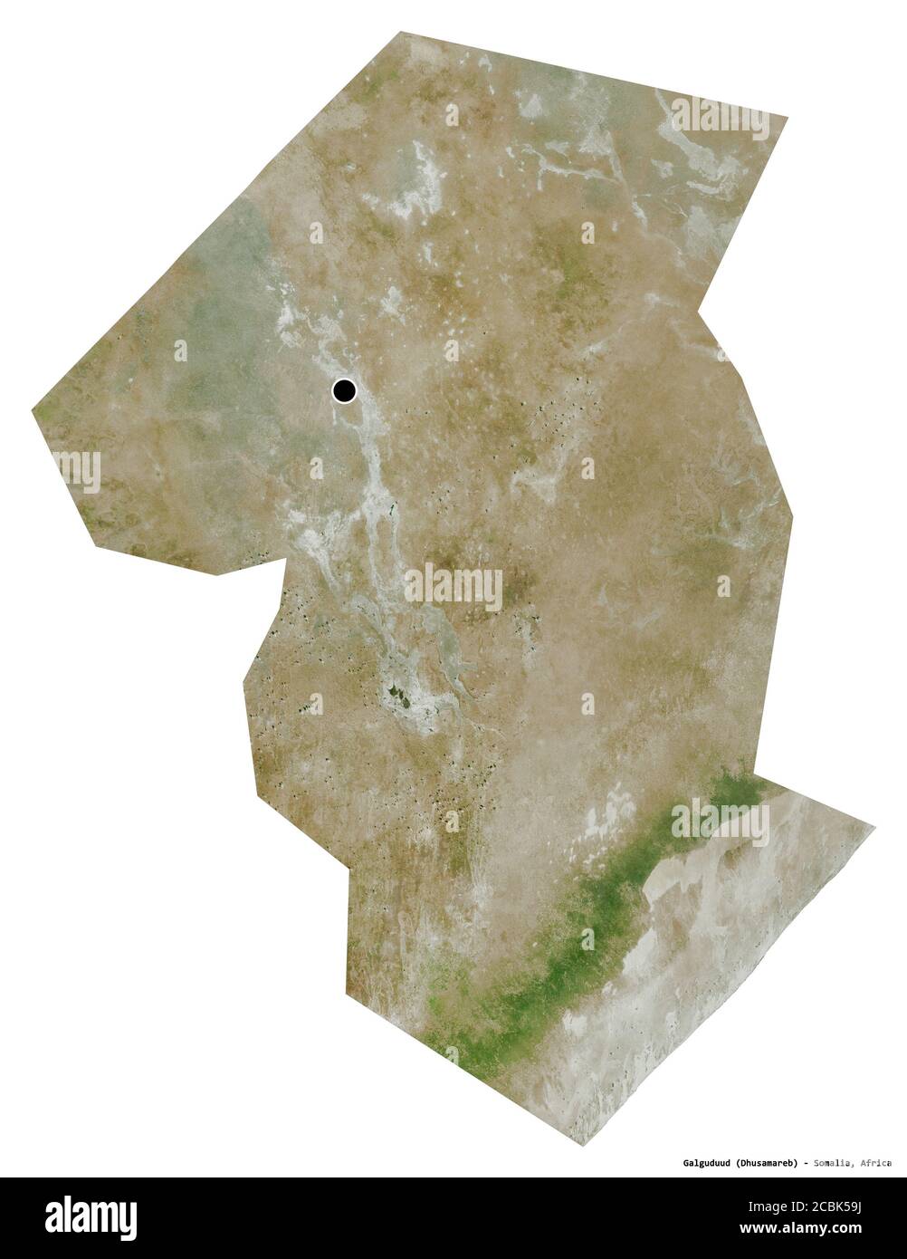 Shape of Galguduud, region of Somalia, with its capital isolated on white background. Satellite imagery. 3D rendering Stock Photo