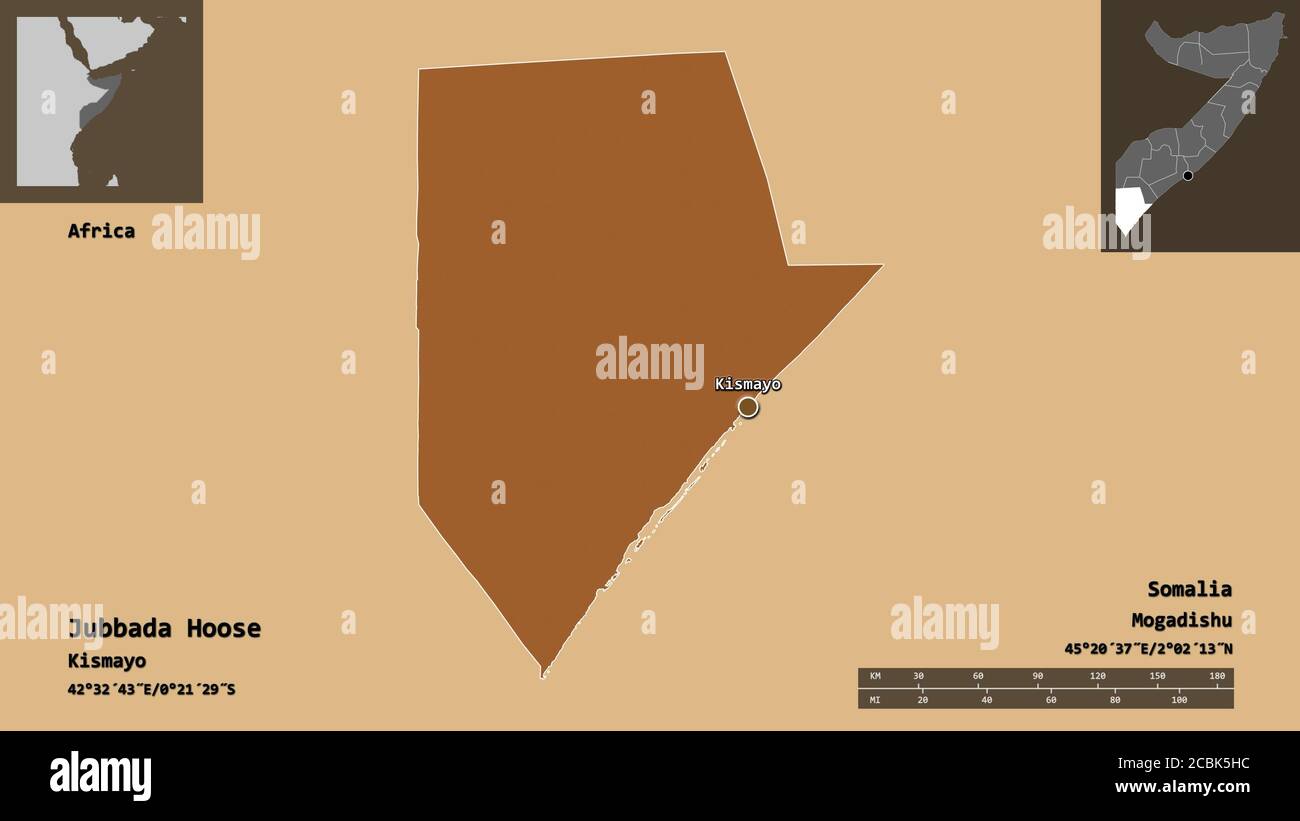 Shape of Jubbada Hoose, region of Somalia, and its capital. Distance scale, previews and labels. Composition of patterned textures. 3D rendering Stock Photo