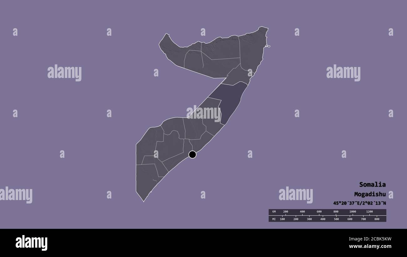 Desaturated shape of Somalia with its capital, main regional division ...
