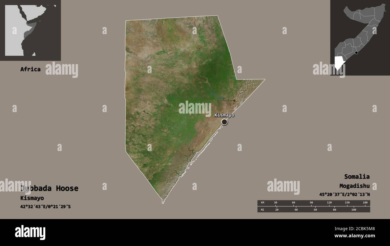 Shape of Jubbada Hoose, region of Somalia, and its capital. Distance scale, previews and labels. Satellite imagery. 3D rendering Stock Photo