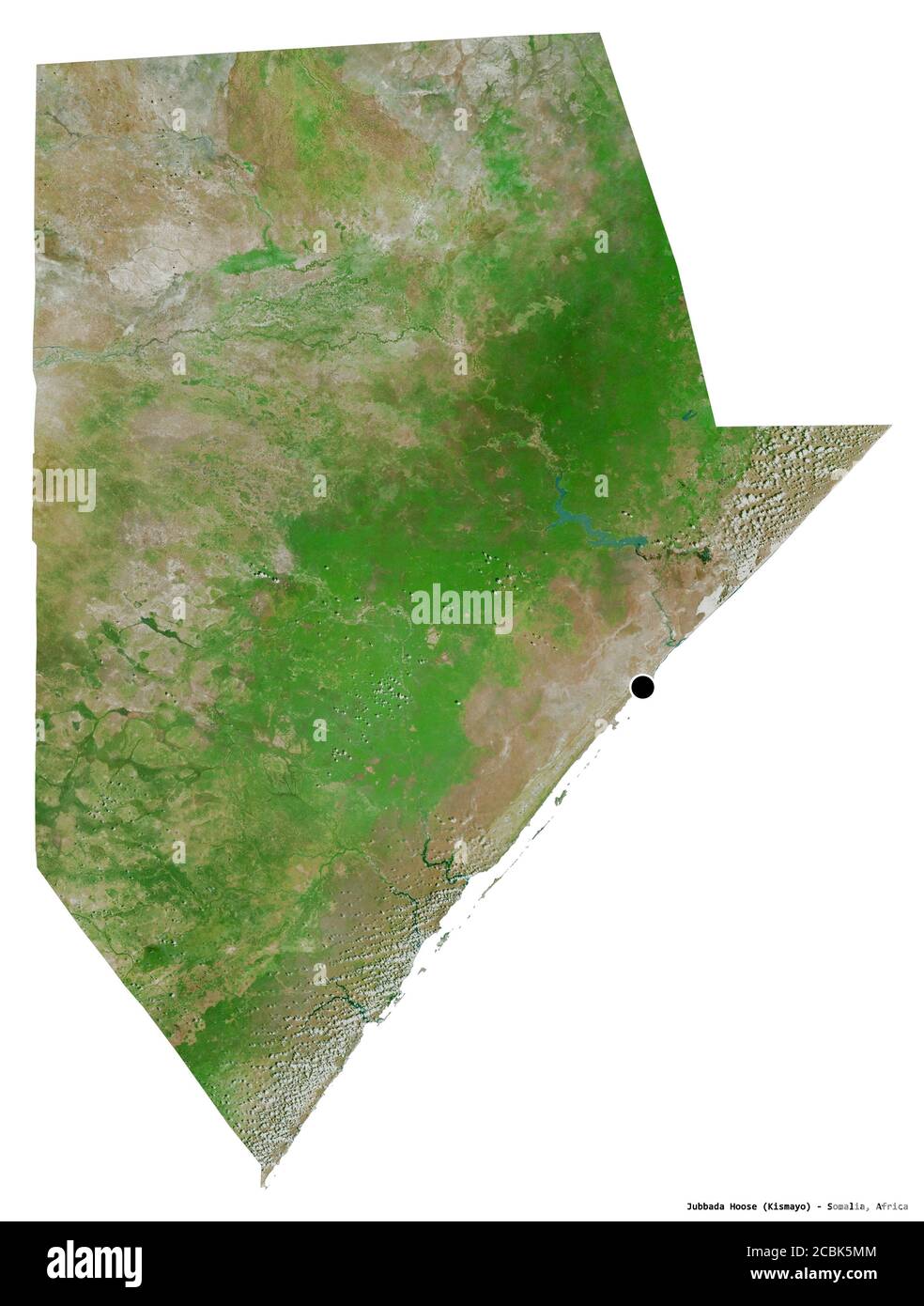 Shape of Jubbada Hoose, region of Somalia, with its capital isolated on white background. Satellite imagery. 3D rendering Stock Photo