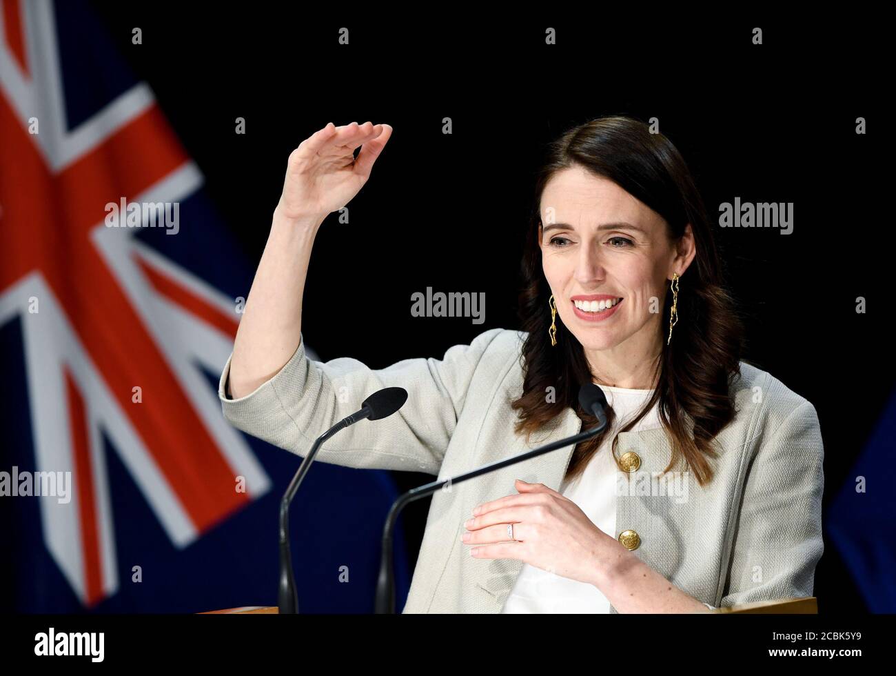 Wellington, New Zealand. 14th Aug, 2020. New Zealand Prime Minister Jacinda Ardern speaks during a press conference in Wellington, New Zealand, Aug. 14, 2020. New Zealand's largest city Auckland will remain in COVID-19 Alert Level 3 for 12 more days, with the rest of the country staying in Alert Level 2, as there are currently 36 active cases, 17 of which are linked to the recent community transmission in Auckland. Credit: Guo Lei/Xinhua/Alamy Live News Stock Photo
