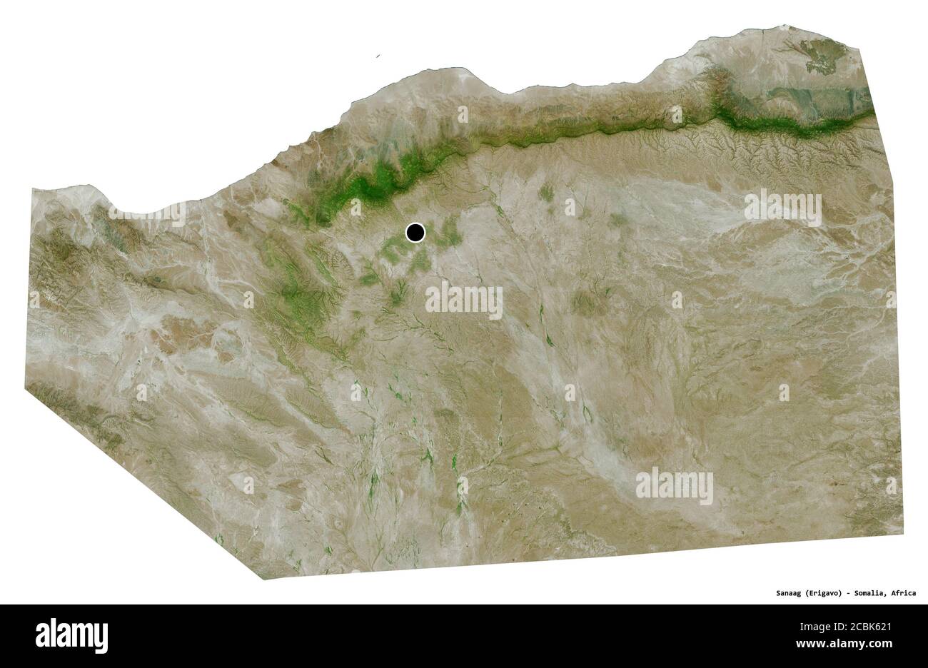 Shape of Sanaag, region of Somalia, with its capital isolated on white background. Satellite imagery. 3D rendering Stock Photo