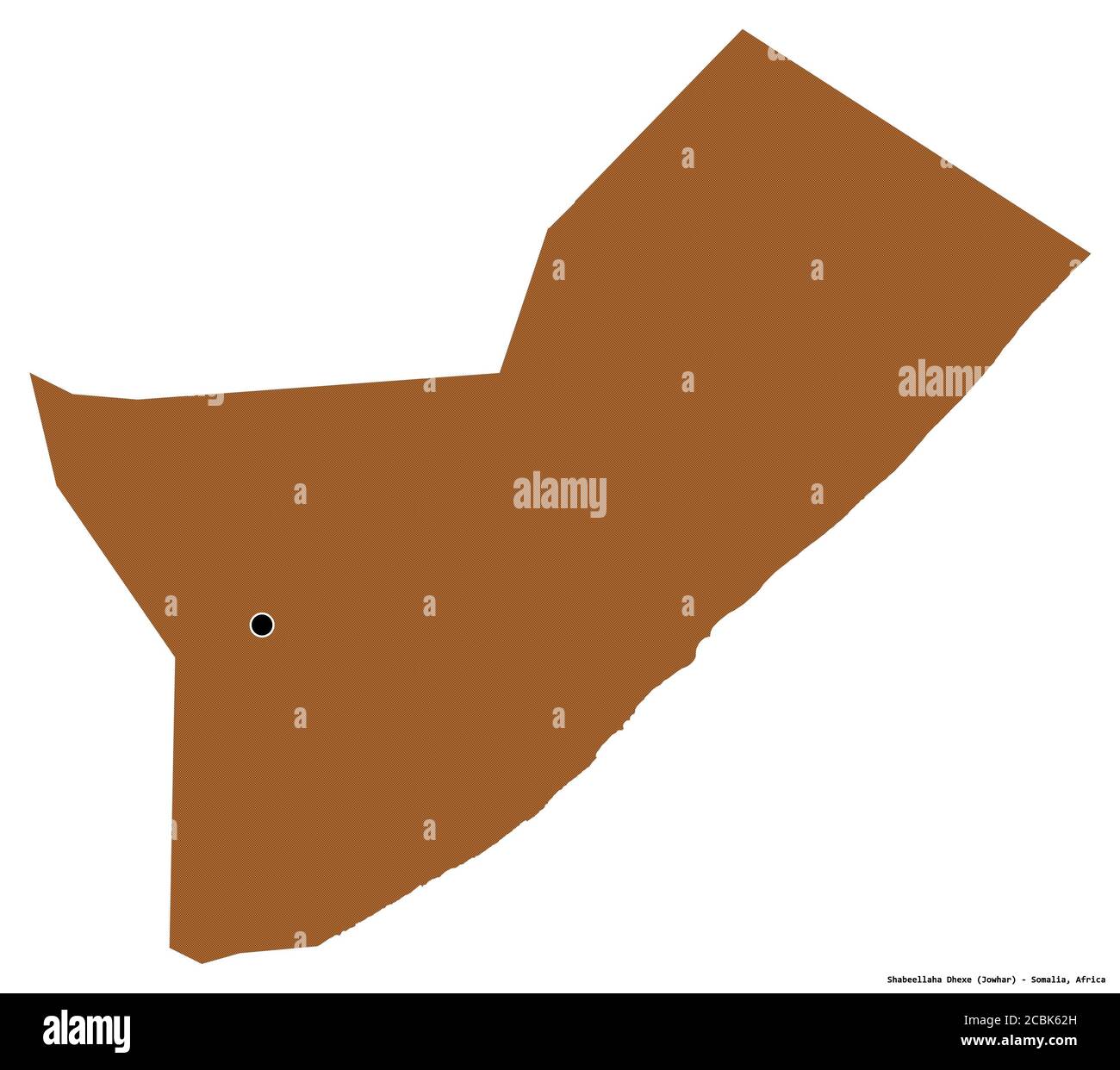 Shape of Shabeellaha Dhexe, region of Somalia, with its capital isolated on white background. Composition of patterned textures. 3D rendering Stock Photo