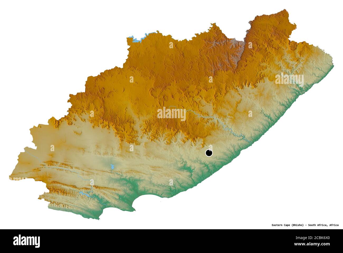 Shape of Eastern Cape, province of South Africa, with its capital isolated on white background. Topographic relief map. 3D rendering Stock Photo