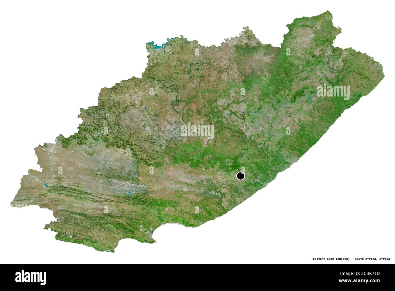 Shape of Eastern Cape, province of South Africa, with its capital isolated on white background. Satellite imagery. 3D rendering Stock Photo
