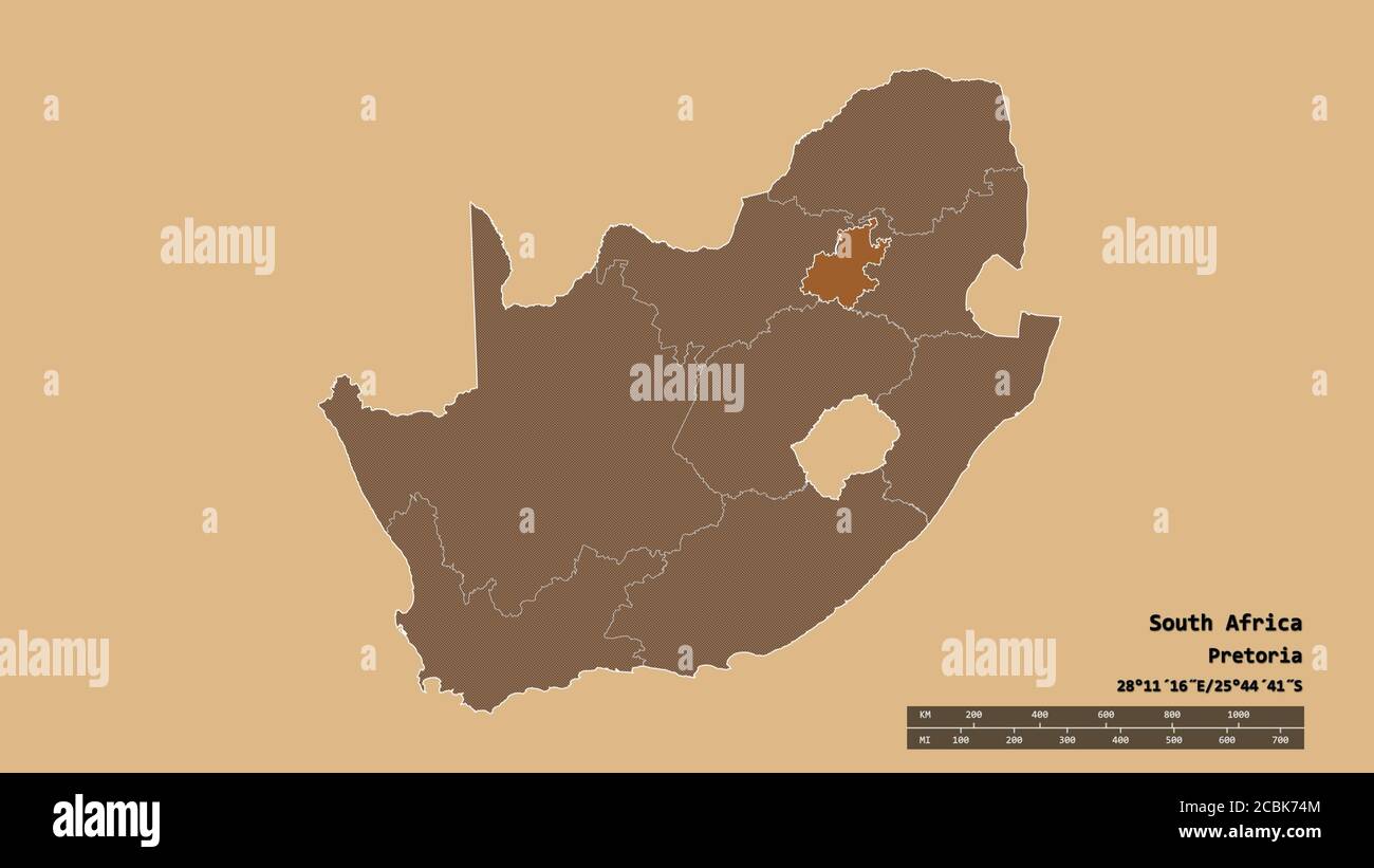 Desaturated shape of South Africa with its capital, main regional division and the separated