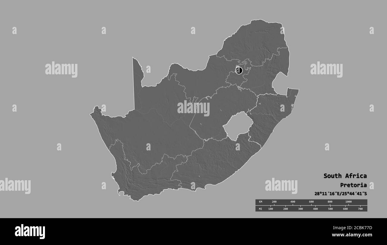 Desaturated shape of South Africa with its capital, main regional division and the separated KwaZulu-Natal area. Labels. Bilevel elevation map. 3D ren Stock Photo