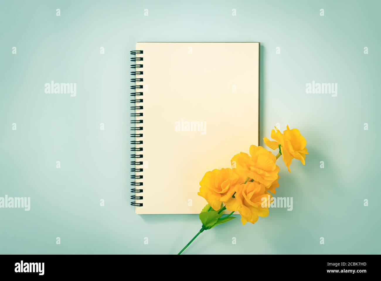 Spiral Notebook or Spring Notebook in Unlined Type and Orange Yellow Flowers at Bottom Right on Blue Pastel Minimalist Background. Spiral Notebook Moc Stock Photo