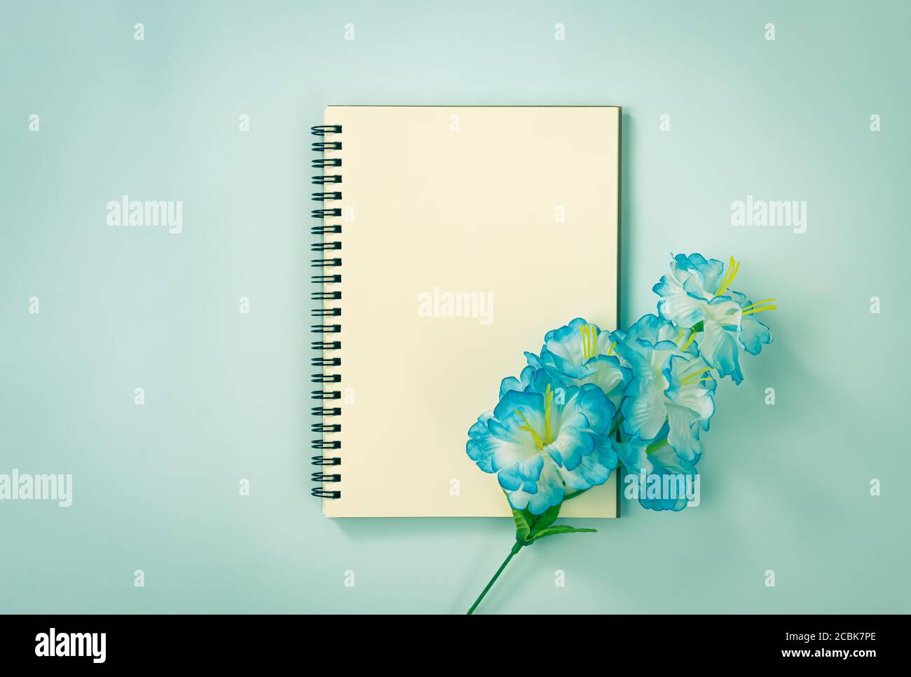 Spiral Notebook or Spring Notebook in Unlined Type and Blue Flowers at Bottom Right on Blue Pastel Minimalist Background. Spiral Notebook Mockup on Ce Stock Photo
