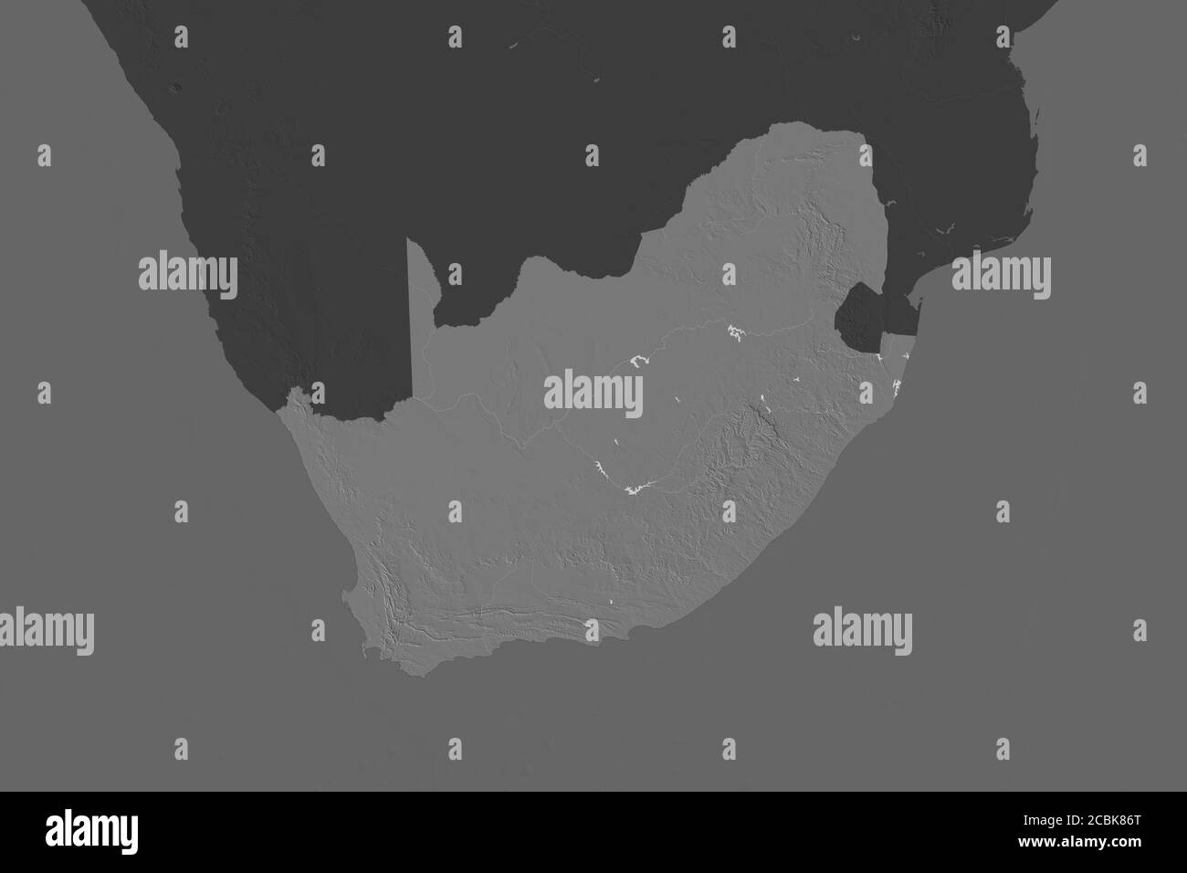 Shape of South Africa separated by the desaturation of neighboring areas. Bilevel elevation map