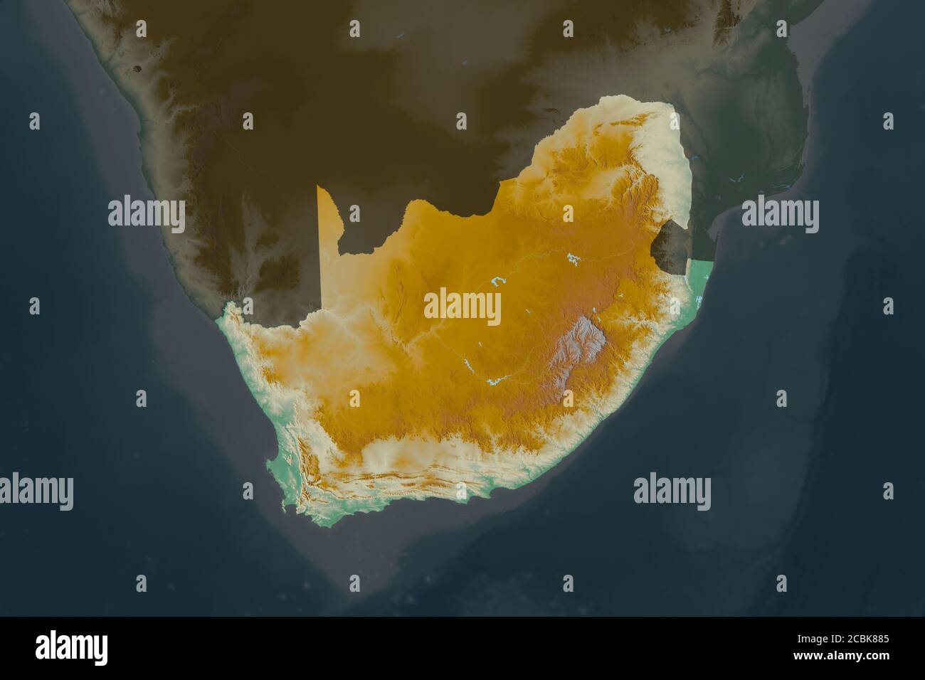 Shape of South Africa separated by the desaturation of neighboring areas. Topographic relief map