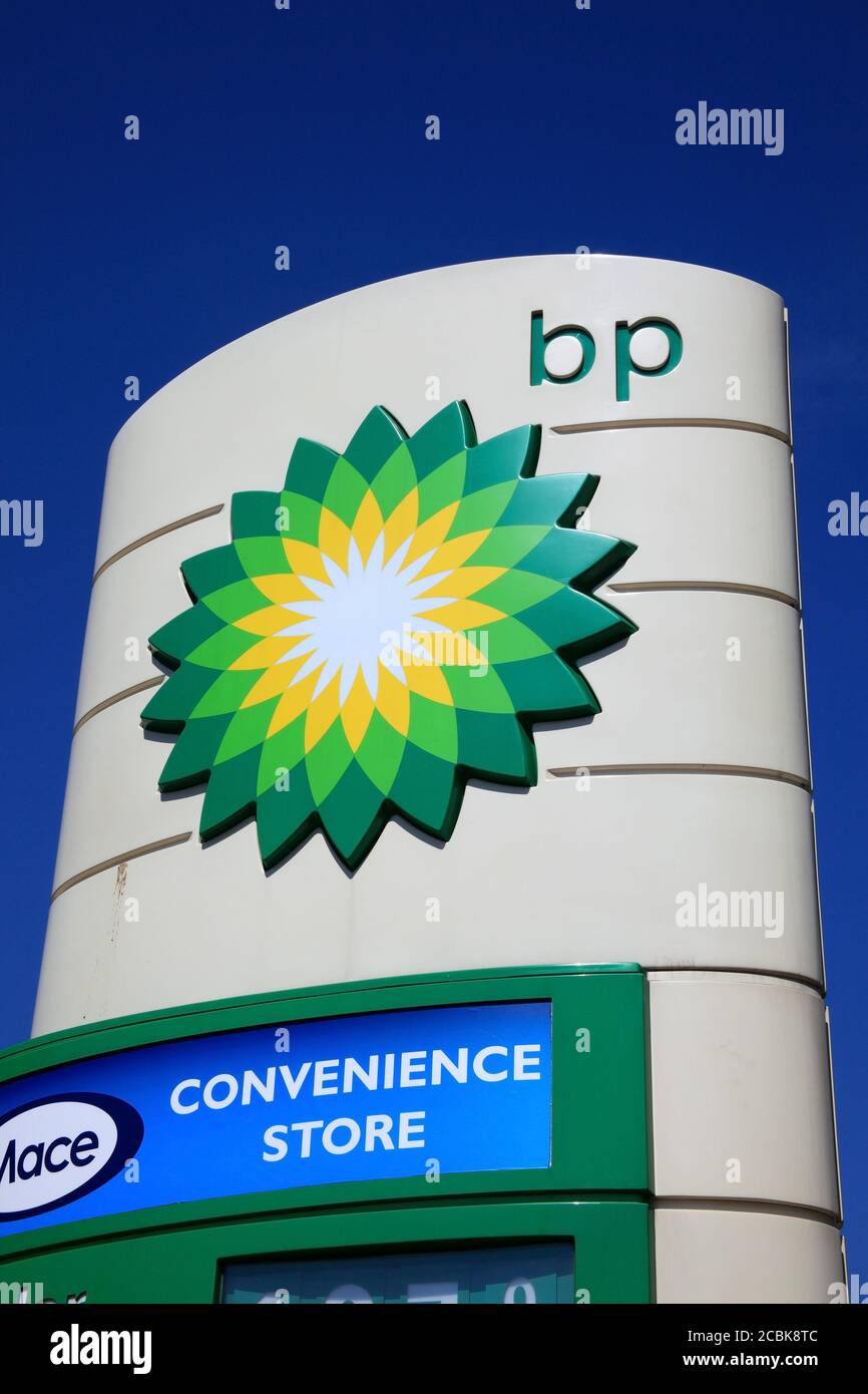 Portsmouth, United Kingdom, April 22, 2011 : A  BP (British Petroleum) petrol station advertising logo sign in the city of Portsmouth stock photo Stock Photo
