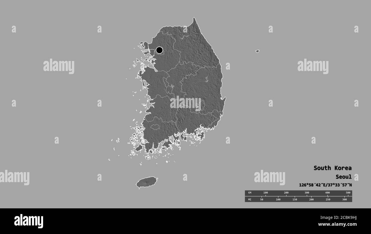 Desaturated shape of South Korea with its capital, main regional ...