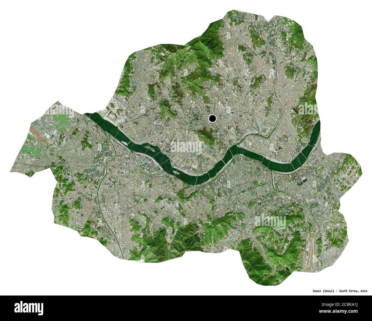 Shape of Seoul, capital metropolitan city of South Korea, with its capital isolated on white background. Satellite imagery. 3D rendering Stock Photo