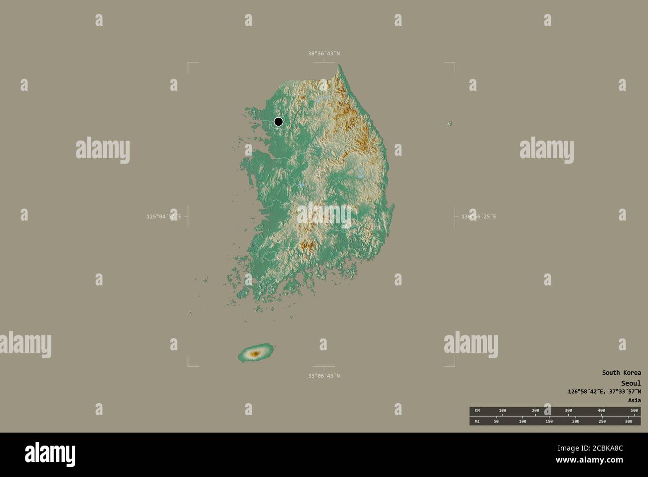 Area of South Korea isolated on a solid background in a georeferenced bounding box. Main