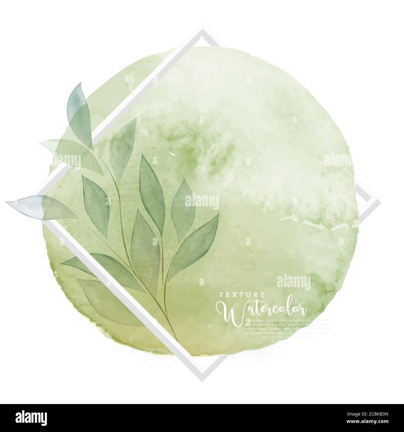 Circle green creative watercolor brush stroke and leaves design over white square frame for text. Abstract splash textures background vector used for Stock Vector