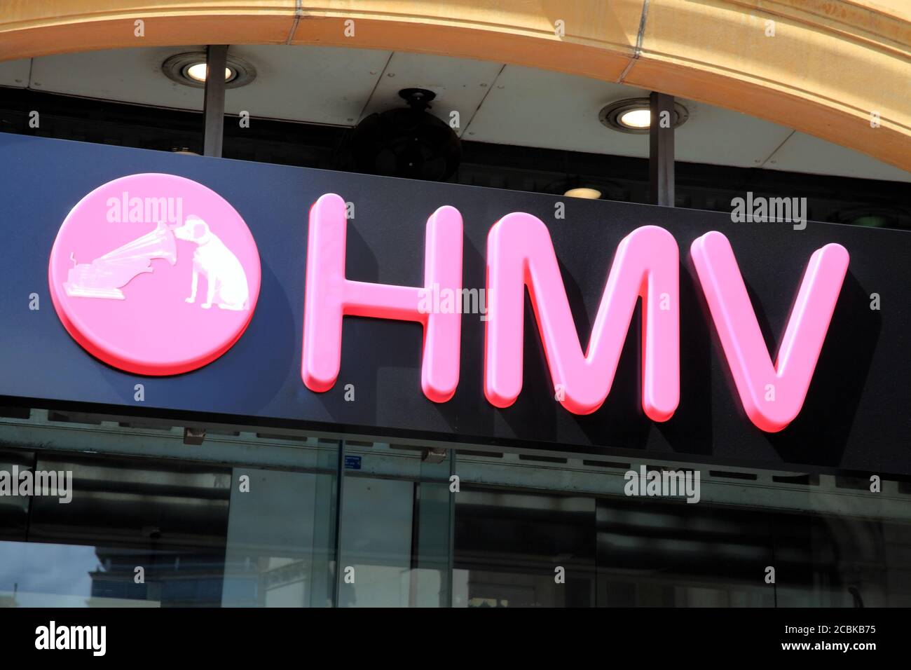 London, United Kingdom, May 8, 2011 : HMV Nipper logo advertising sign outside its retail  business store in Leicester Square stock photo Stock Photo