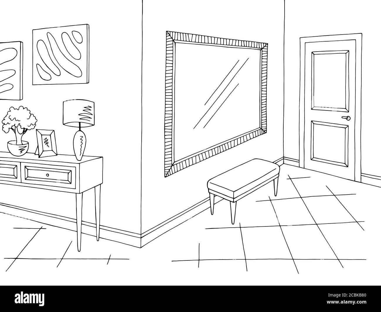 Hallway graphic black white home interior sketch illustration vector ...
