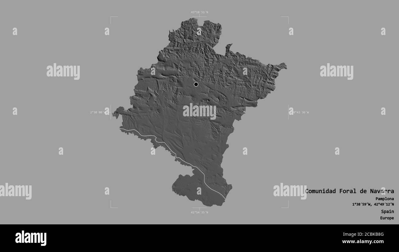 Area of Comunidad Foral de Navarra, autonomous community of Spain, isolated on a solid background in a georeferenced bounding box. Labels. Bilevel ele Stock Photo