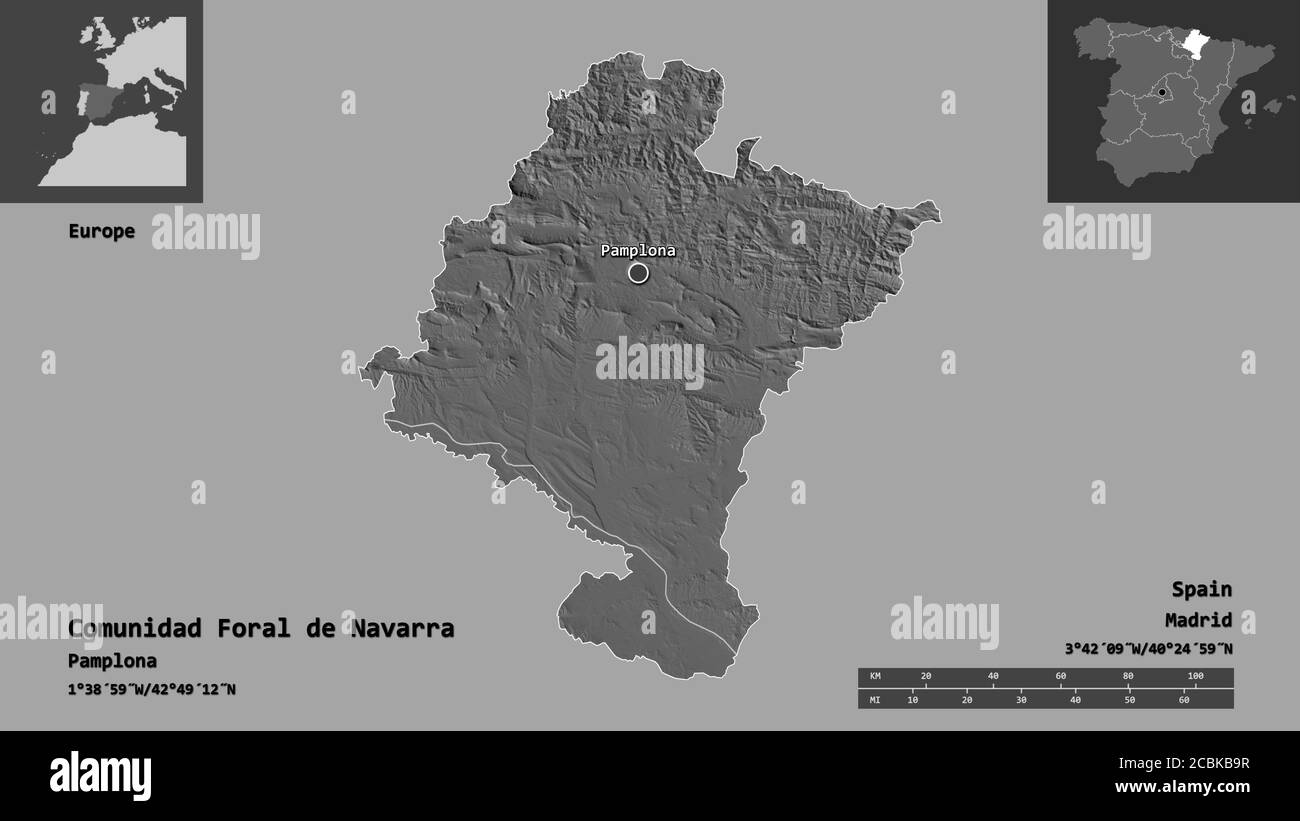 Shape of Comunidad Foral de Navarra, autonomous community of Spain, and its capital. Distance scale, previews and labels. Bilevel elevation map. 3D re Stock Photo