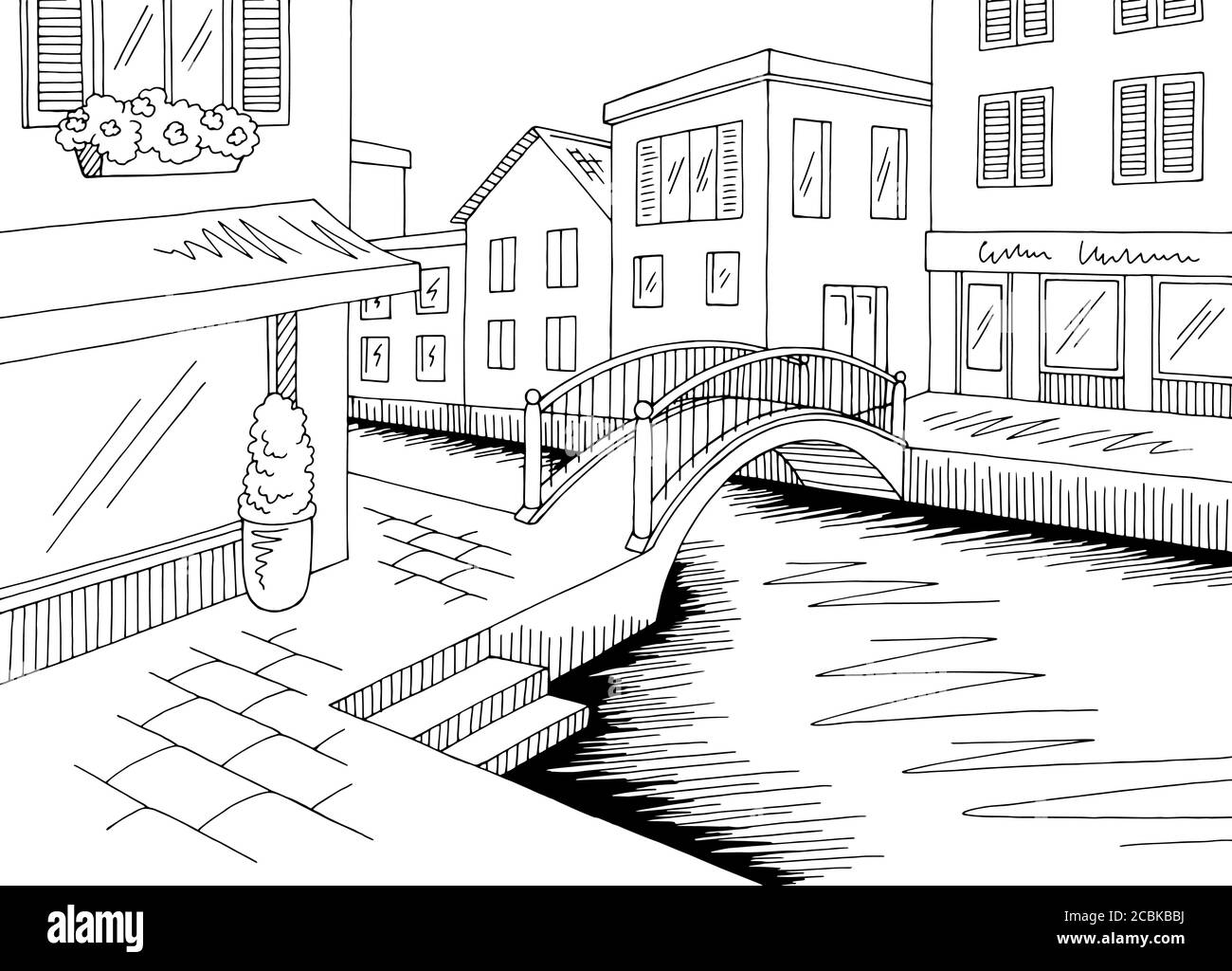 Old street river graphic black white city landscape sketch illustration vector Stock Vector