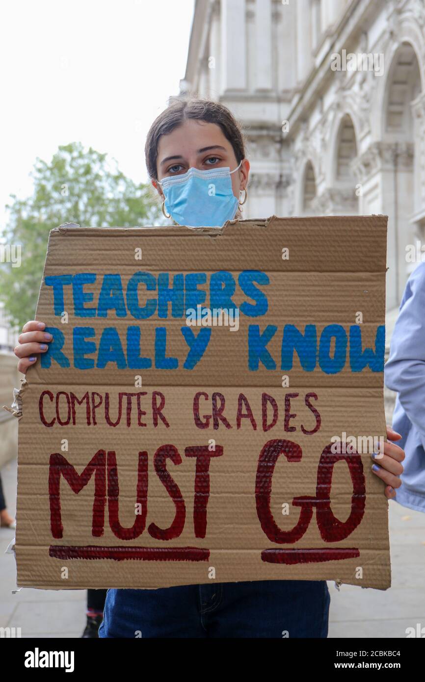 London, Gbr. 14th Aug, 2020. LONDON, ENGLAND, AUGUST 14 2020, A Level students protest outside Downing Street, Exams were cancelled due to Covid-19 and grades were calculated using teacher's predictions and a formula to standardise results across schools, 39.1% of teachers' estimates for pupils were adjusted down by one grade or more which amounts to around 280,000 entries. (Credit: Lucy North | MI News) Credit: MI News & Sport /Alamy Live News Stock Photo