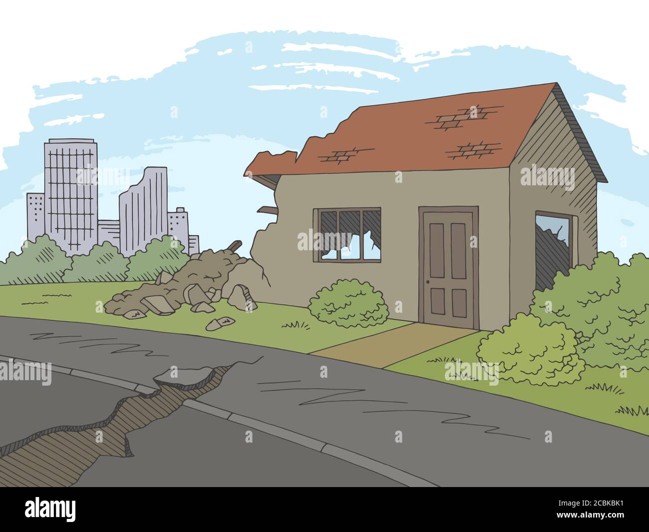 Earthquake graphic color landscape city sketch illustration vector Stock Vector