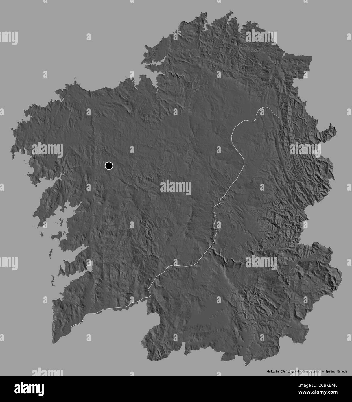 Shape of Galicia, autonomous community of Spain, with its capital isolated on a solid color background. Bilevel elevation map. 3D rendering Stock Photo