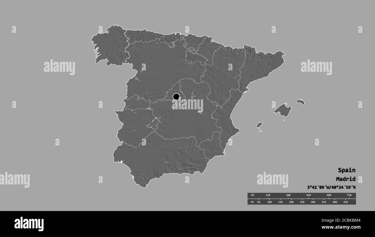 Desaturated shape of Spain with its capital, main regional division and the separated Galicia area. Labels. Bilevel elevation map. 3D rendering Stock Photo