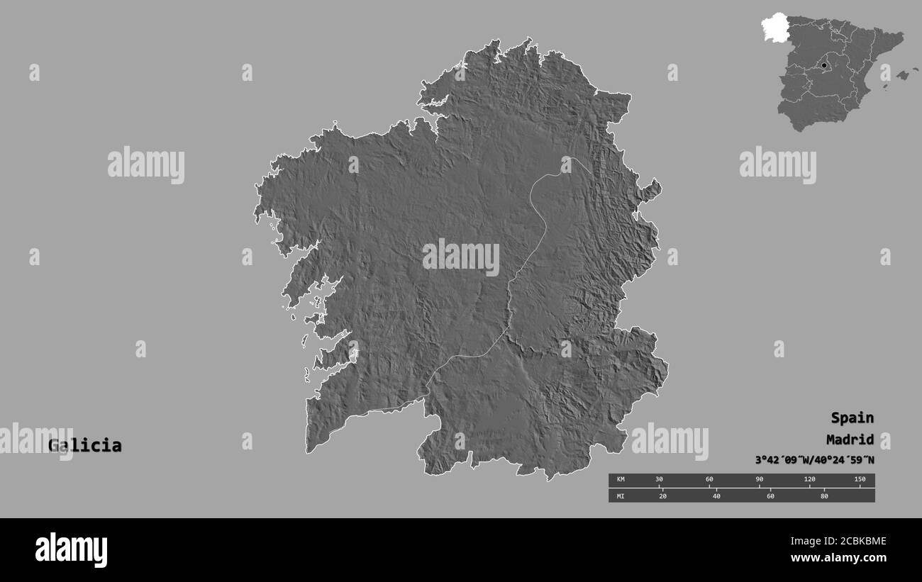 Shape of Galicia, autonomous community of Spain, with its capital isolated on solid background. Distance scale, region preview and labels. Bilevel ele Stock Photo