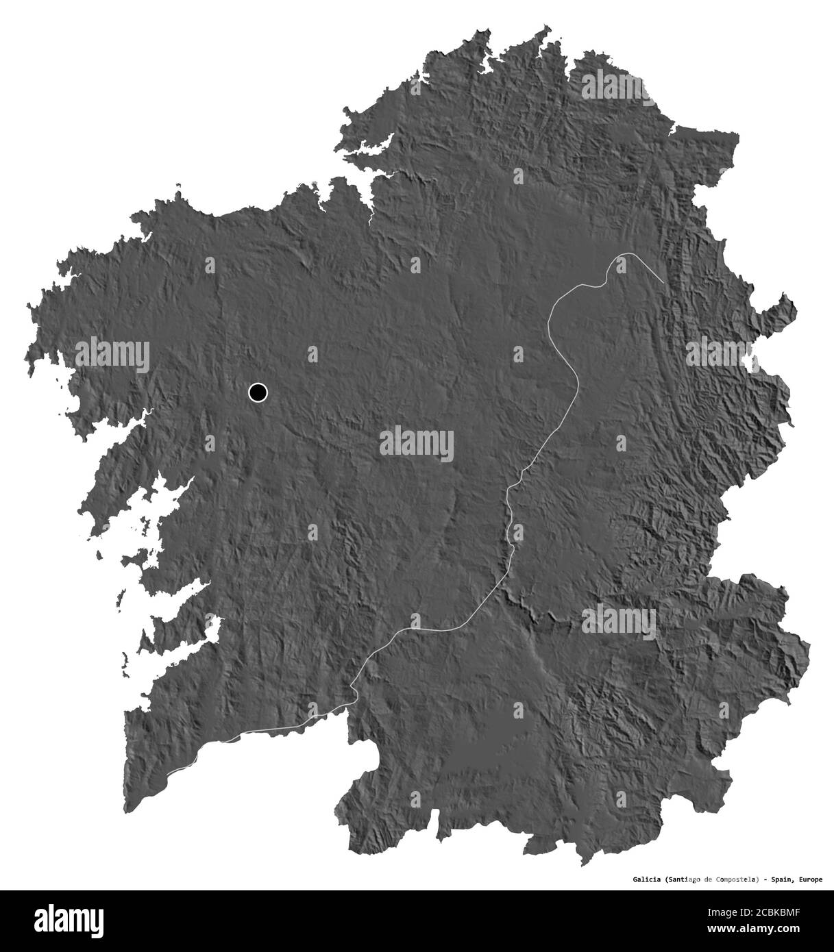 Shape of Galicia, autonomous community of Spain, with its capital isolated on white background. Bilevel elevation map. 3D rendering Stock Photo