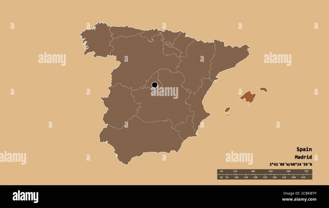 Desaturated shape of Spain with its capital, main regional division and the separated Islas Baleares area. Labels. Composition of patterned textures. Stock Photo