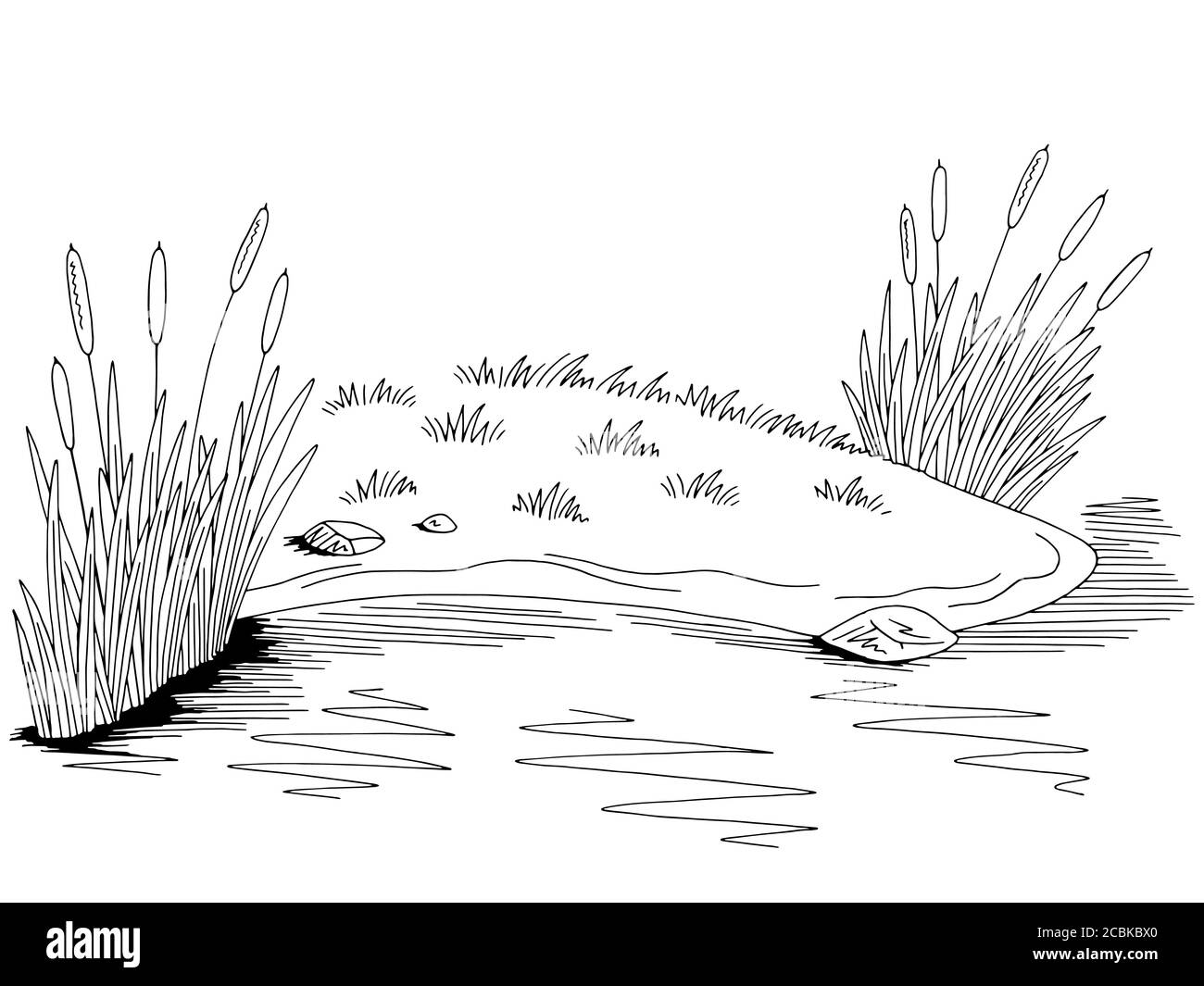 Bank of the pond graphic black white lake landscape sketch illustration