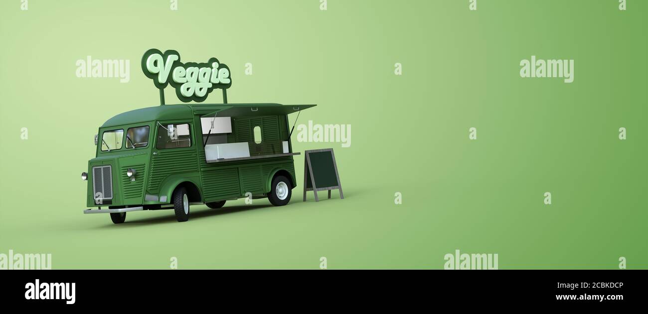 veggie food truck on green background 3D rendering Stock Photo