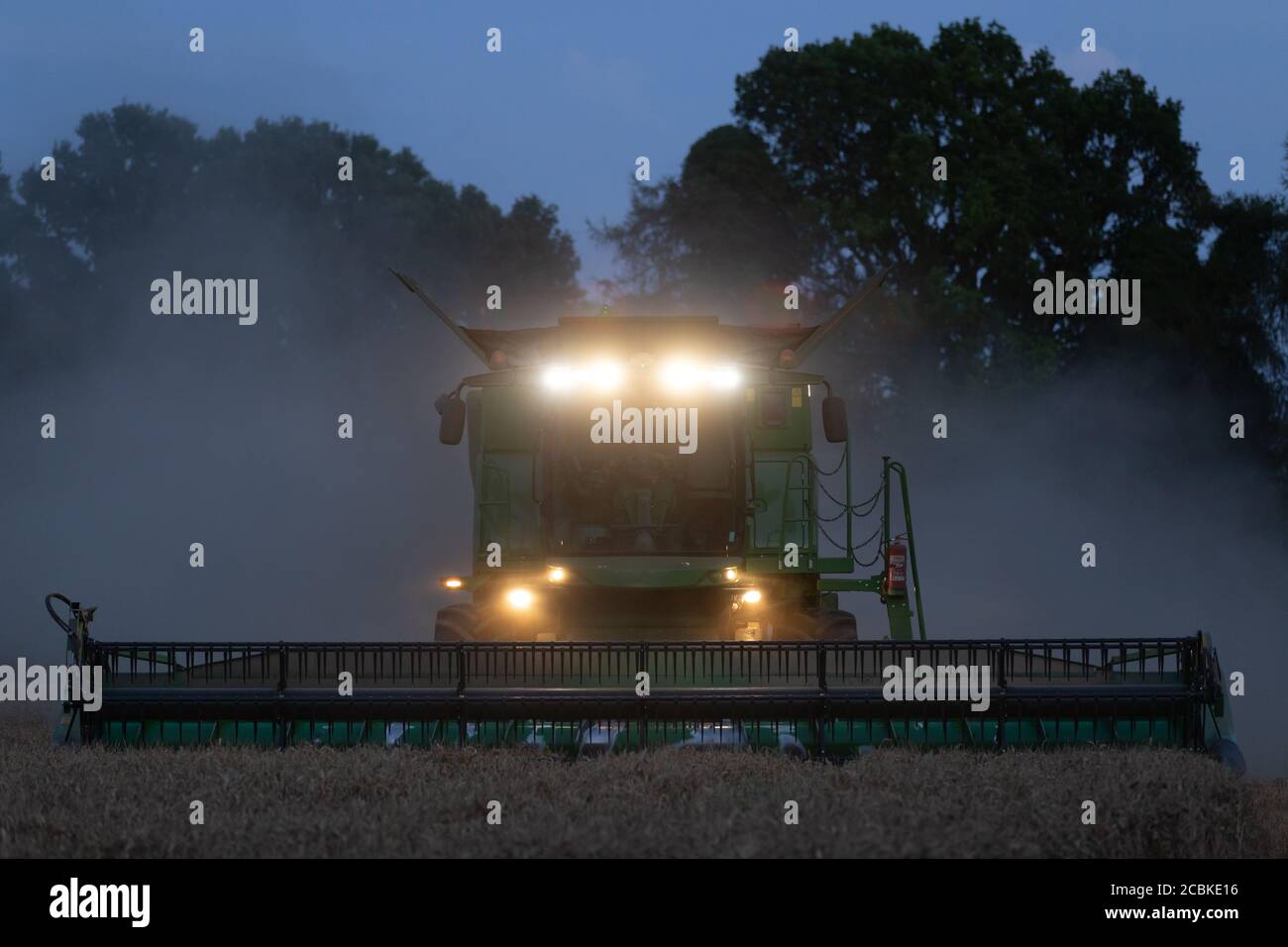 Combine Harvester Continuing to Harvest Crops as Night Falls. Bright Lights on Front of Machine.  Head on to Camera Stock Photo