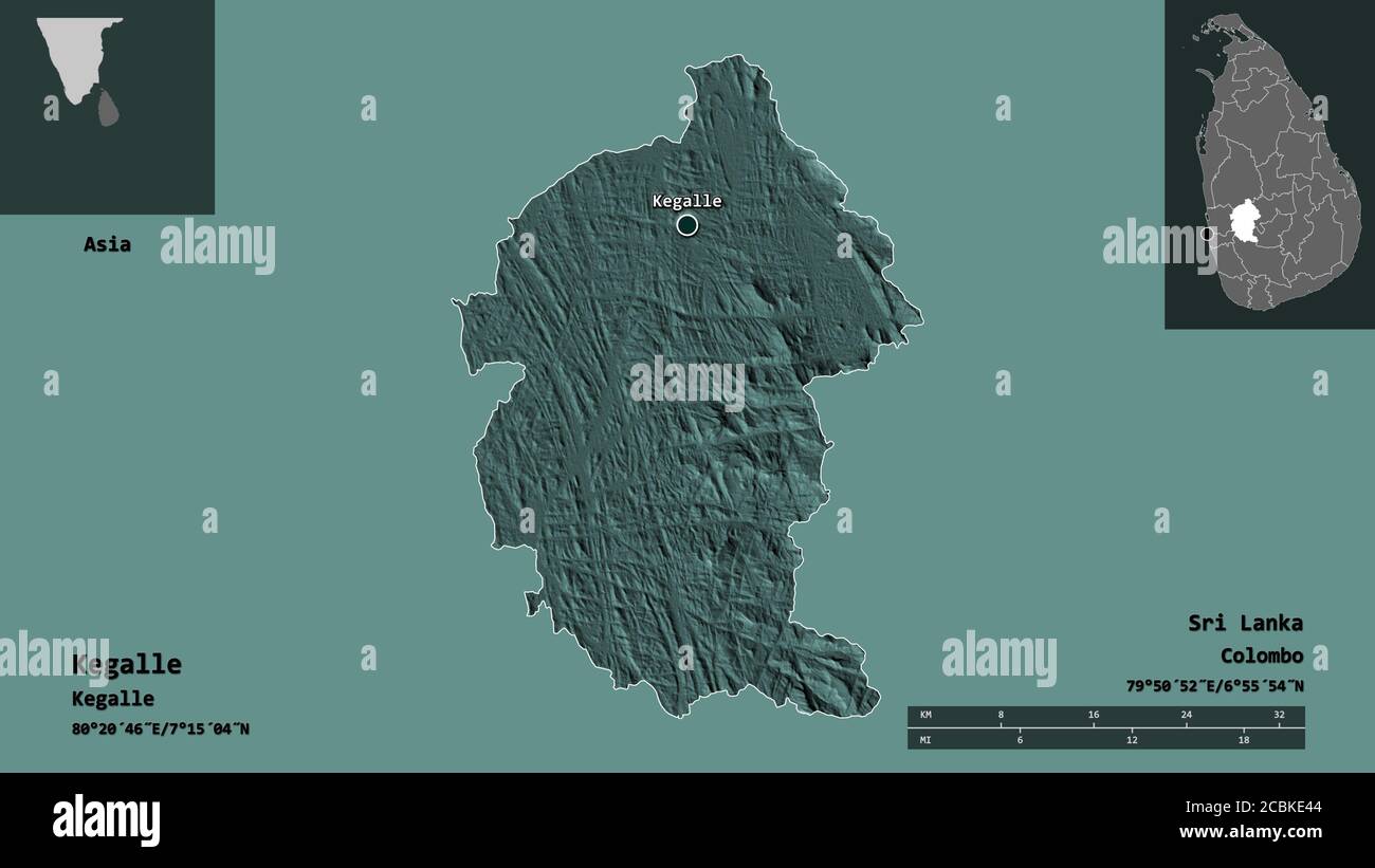 Shape of Kegalle, district of Sri Lanka, and its capital. Distance