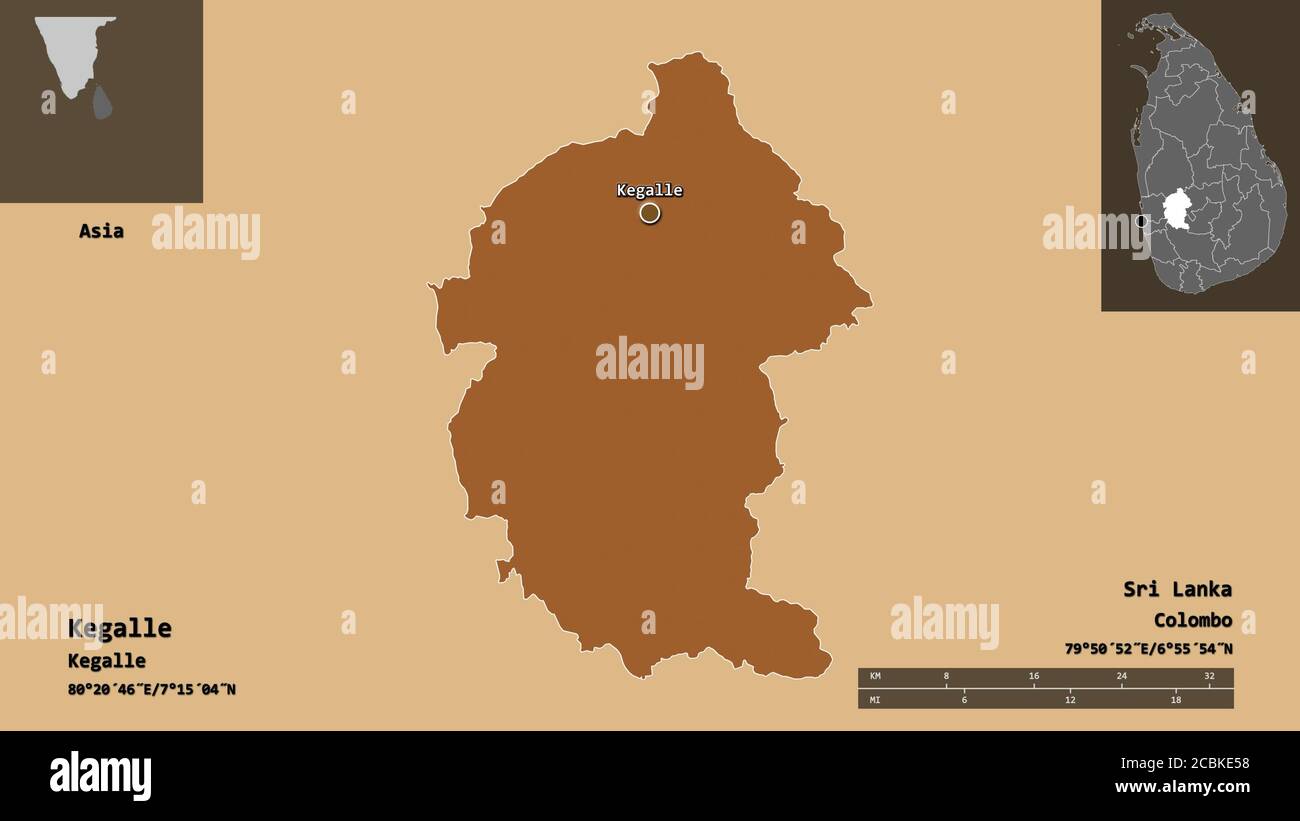 Shape of Kegalle, district of Sri Lanka, and its capital. Distance