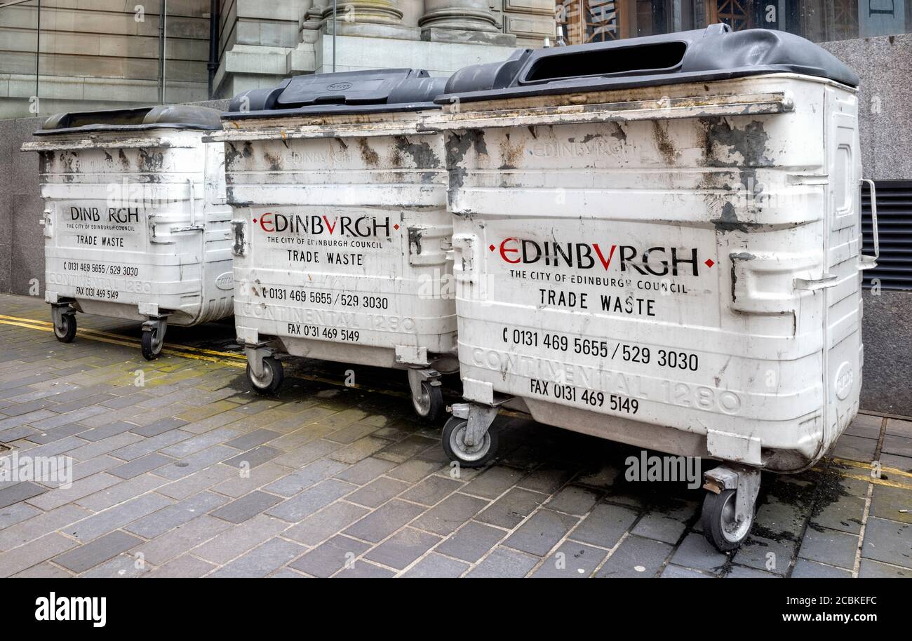 White Trade Waste Bins by the Usher Hall, Edinburgh, Scotland, UK. Stock Photo