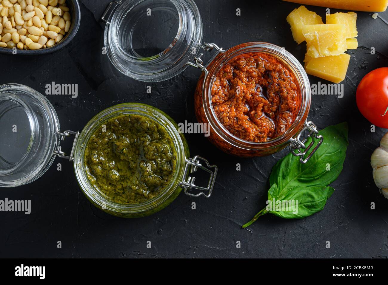 red and green Pesto alla Genovese , Basil Sauce resh home made and