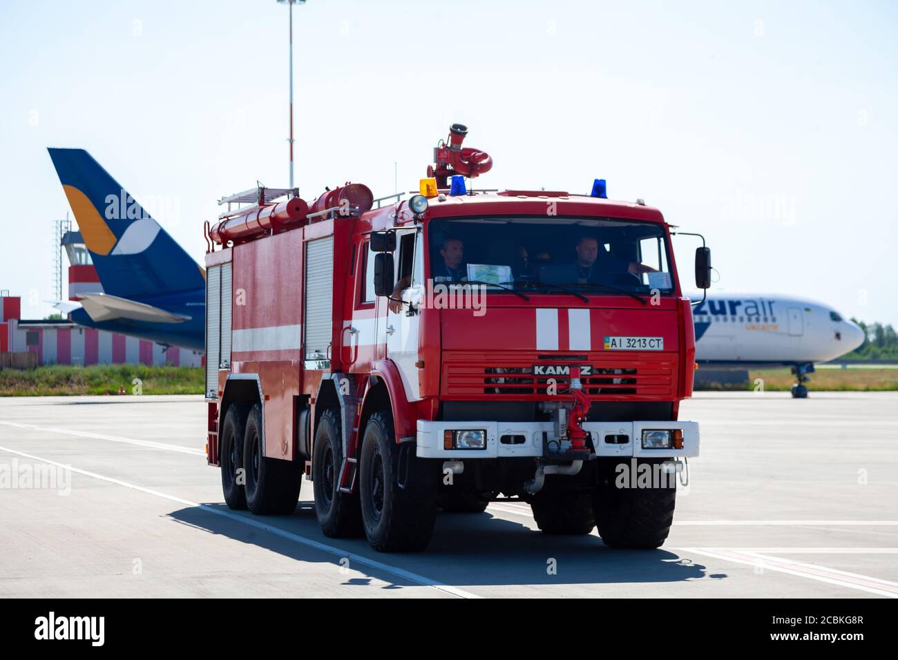 Kyiv, Ukraine - June 27, 2020: Red fire truck KAMAZ in the international airport Boryspil. New car. Stock Photo